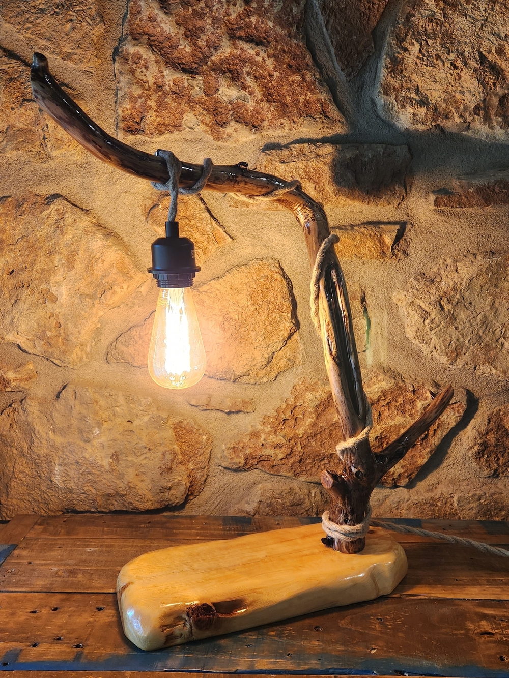 Handmade Driftwood Table Lamp with Edison Bulb